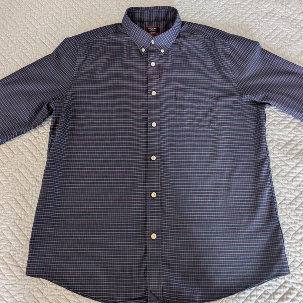 UNTUCKit Button Up Plaid Long Sleeve Mens XL Navy Wrinkle Free Slim Fit (0300)